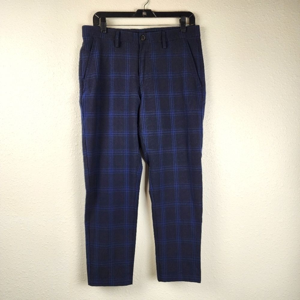 Zara women’s menswear twill look blue and black plaid pants trousers Size 31